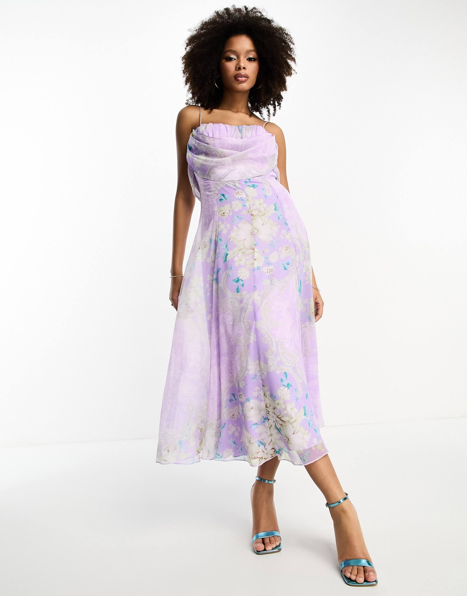 asos design corset midi dress with soft cowl front in lilac floral print