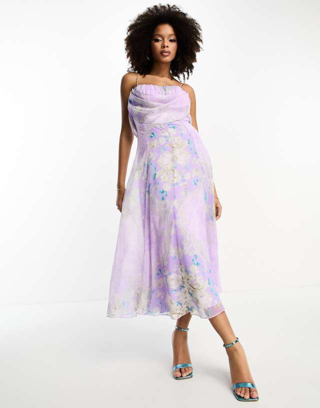 ASOS DESIGN corset midi dress with soft cowl front in lilac floral print