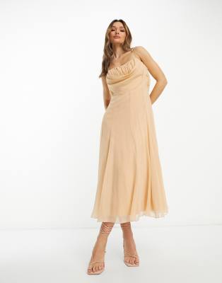 Asos Design Corset Midi Dress With Soft Cowl Front In Warm Tan-brown