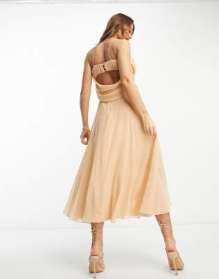 ASOS DESIGN chiffon tie neck ruched waist midi dress in stone