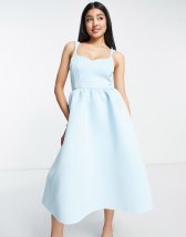 ASOS Design Square Neck Dropped Waist Belted Pleated Midi Dress in Powder Blue