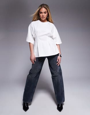 Asos Design Corset Pleat Waist T-shirt In White In Black