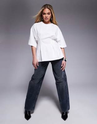 corset pleat waist t-shirt in white-Black