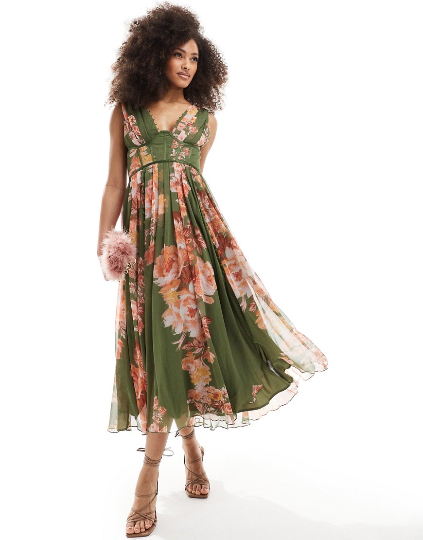 ASOS DESIGN corset plunge pleated midi dress with button detail in green floral print-Multi