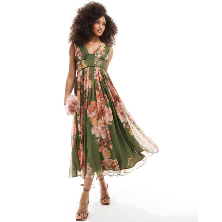 Asos design botanical floral plunge belted pleated midi dress sales