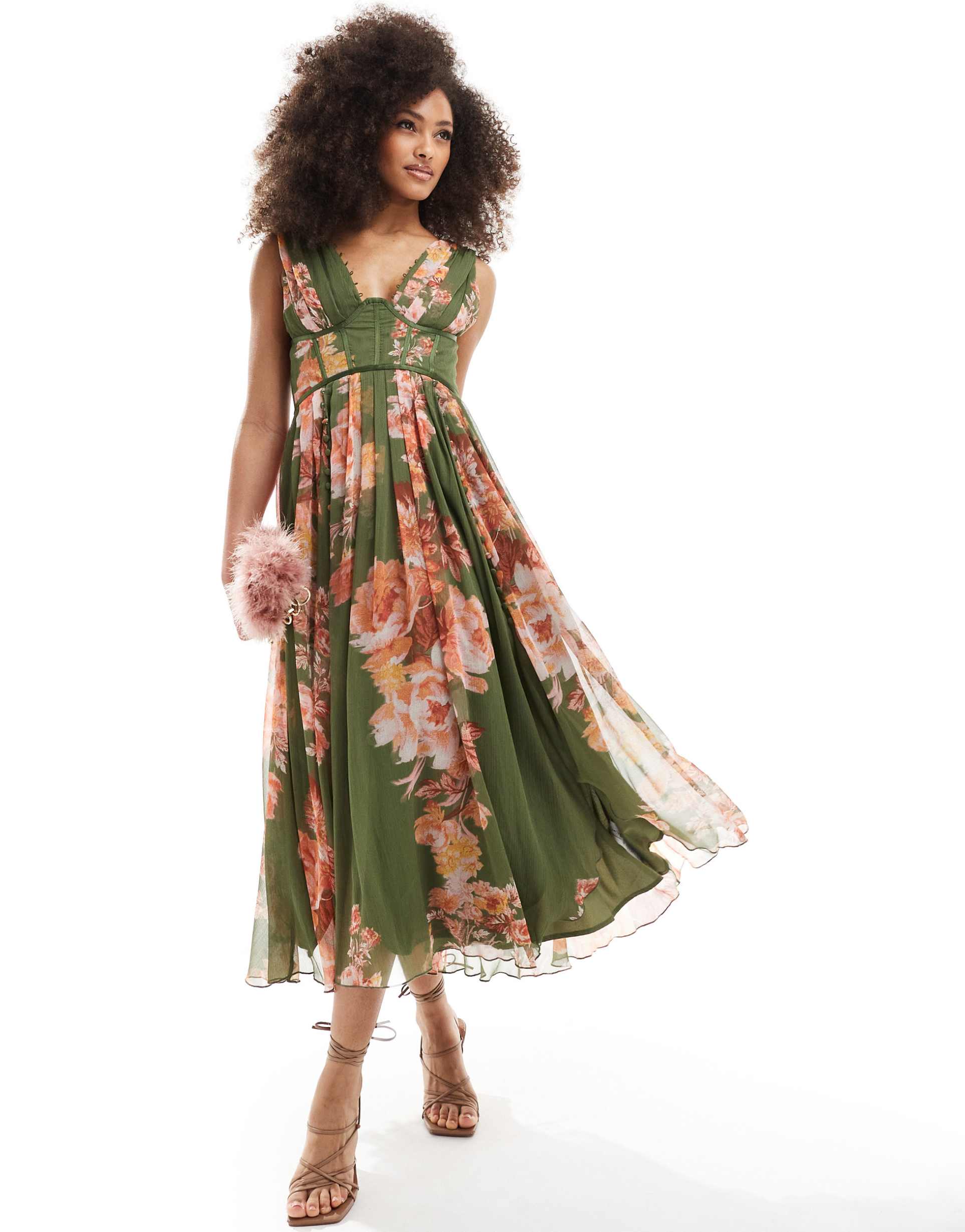 asos design corset plunge pleated midi dress with button detail in green floral print