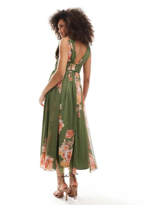 ASOS DESIGN corset plunge pleated midi dress with button detail in green floral print ASOS