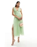 [ASOS DESIGN] ASOS DESIGN corset plunge pleated midi dress with button detail in sage green 14 Sage green