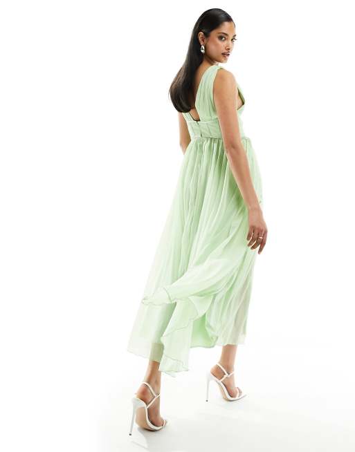 ASOS DESIGN corset plunge pleated midi dress with button detail in sage  green