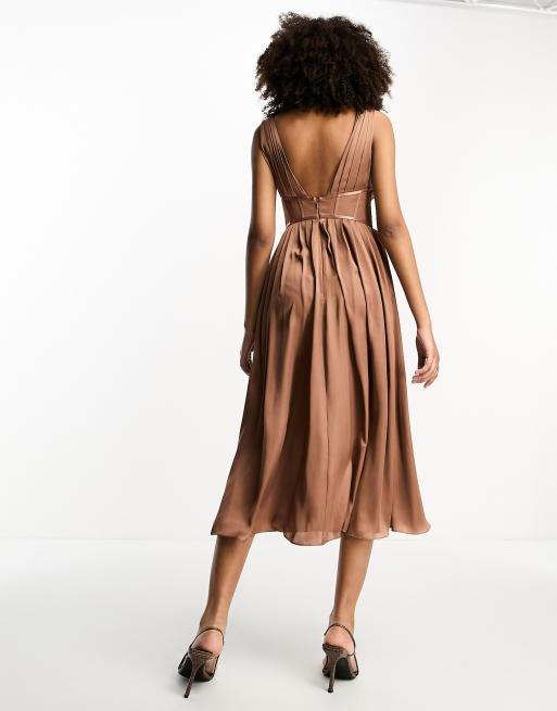 ASOS DESIGN corset plunge pleated satin midi dress with button detail in  mocha