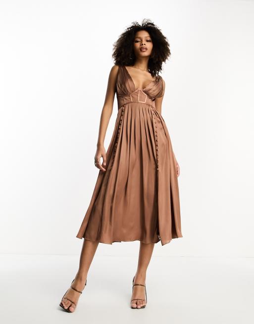 ASOS DESIGN corset plunge pleated satin midi dress with button detail in  mocha