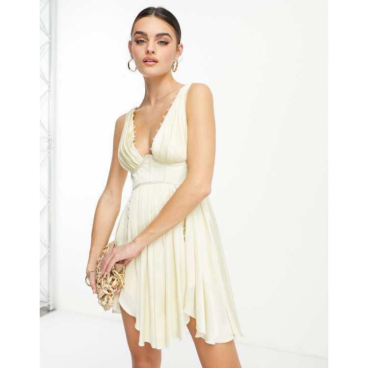 ASOS DESIGN corset plunge pleated satin mini dress with button detail in ivory