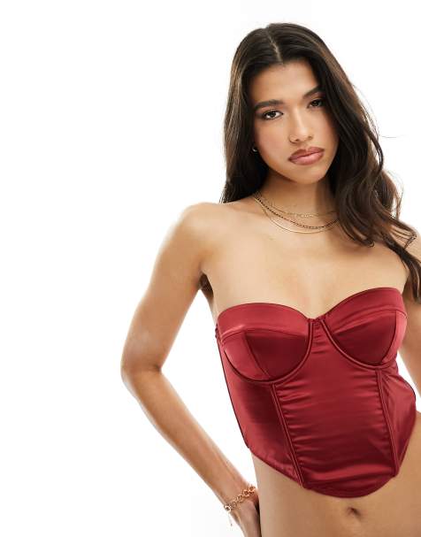 ASOS DESIGN - Corset rembourré en satin à armatures et bretelles amovibles - Rouge - view 1