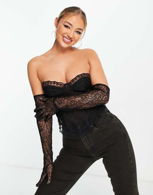 ASOS DESIGN - Corset sans bretelles en dentelle à volants avec gants - Noir, 3 de 4