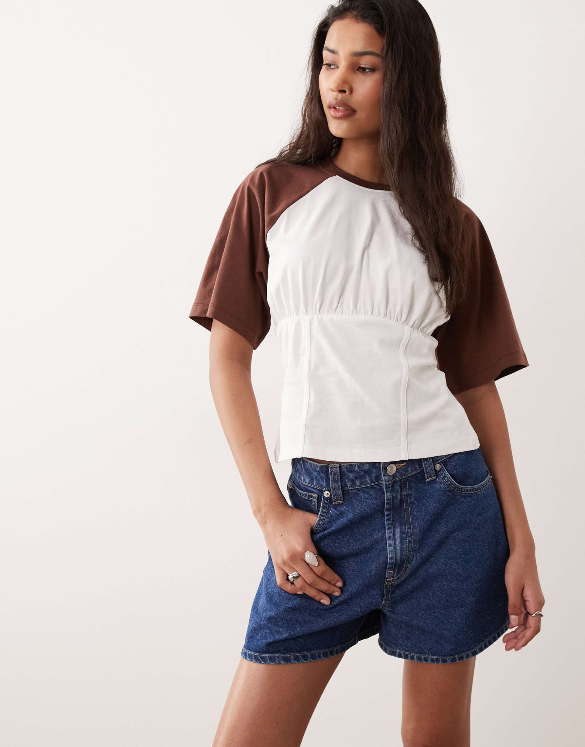 asos design corset seam detail cinched waist baseball tee in white with brown sleeves