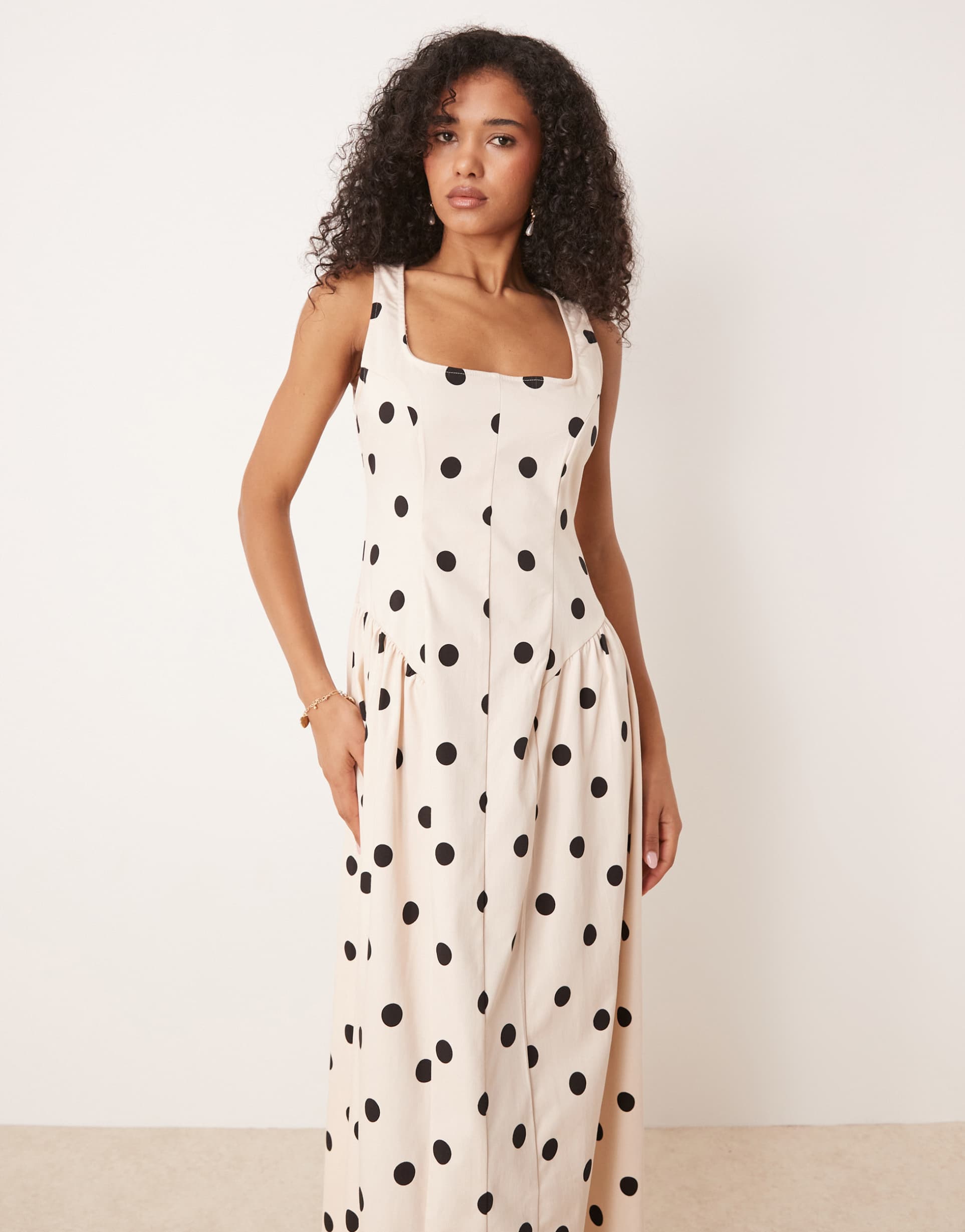asos design corset seam detail maxi dress in polka dot