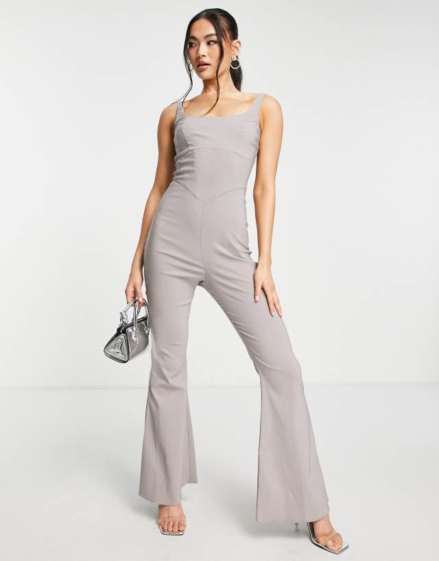 ASOS DESIGN corset square neck kick flare jumpsuit in taupe