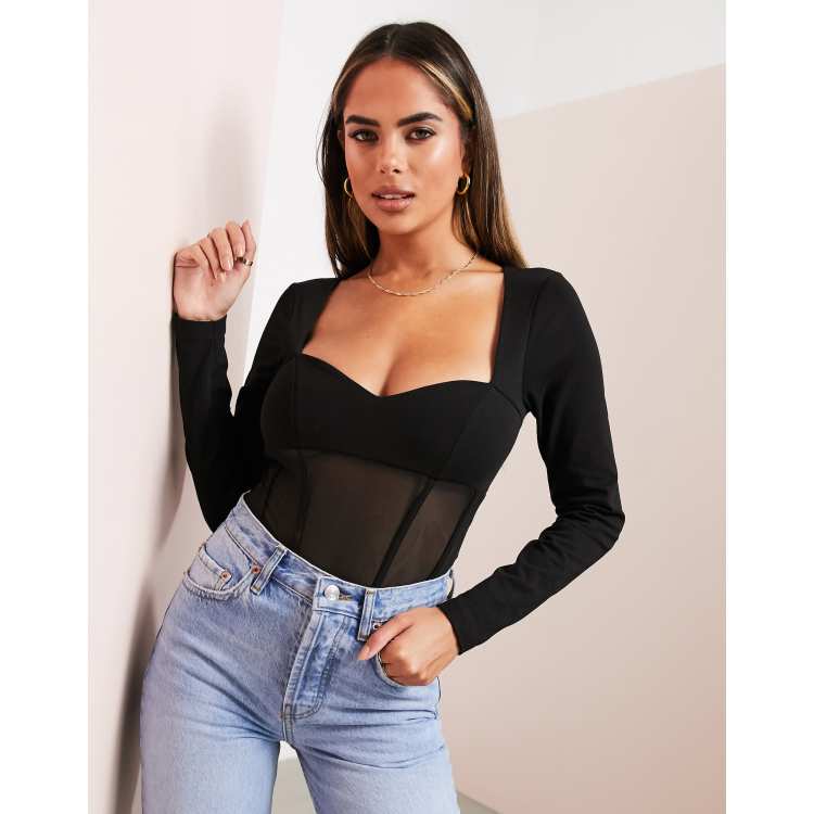 ASOS DESIGN corset style sweetheart neck mesh bodysuit in black