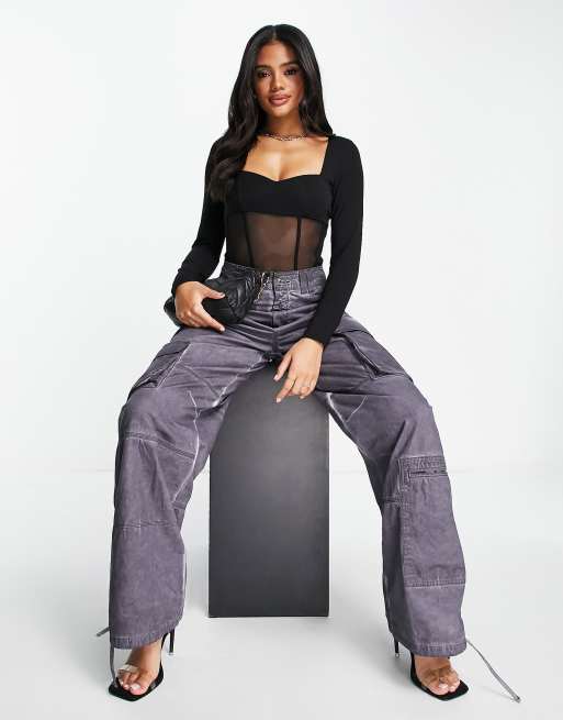 Long Sleeve Mesh Corset Cinched Waist Slim-fit Bodysuit at Rs 1850