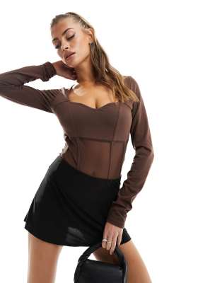 corset style sweetheart neck mesh bodysuit in chocolate-Brown
