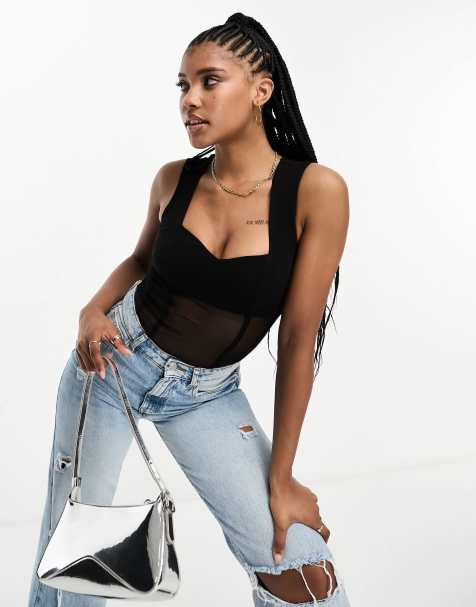 ASOS DESIGN corset style sweetheart neck sleeveless bodysuit in black - view 1