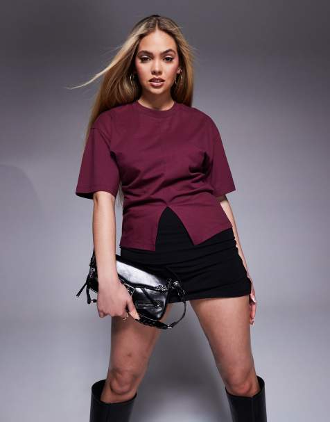 ASOS DESIGN corset t-shirt with split front in burgundy - view 1