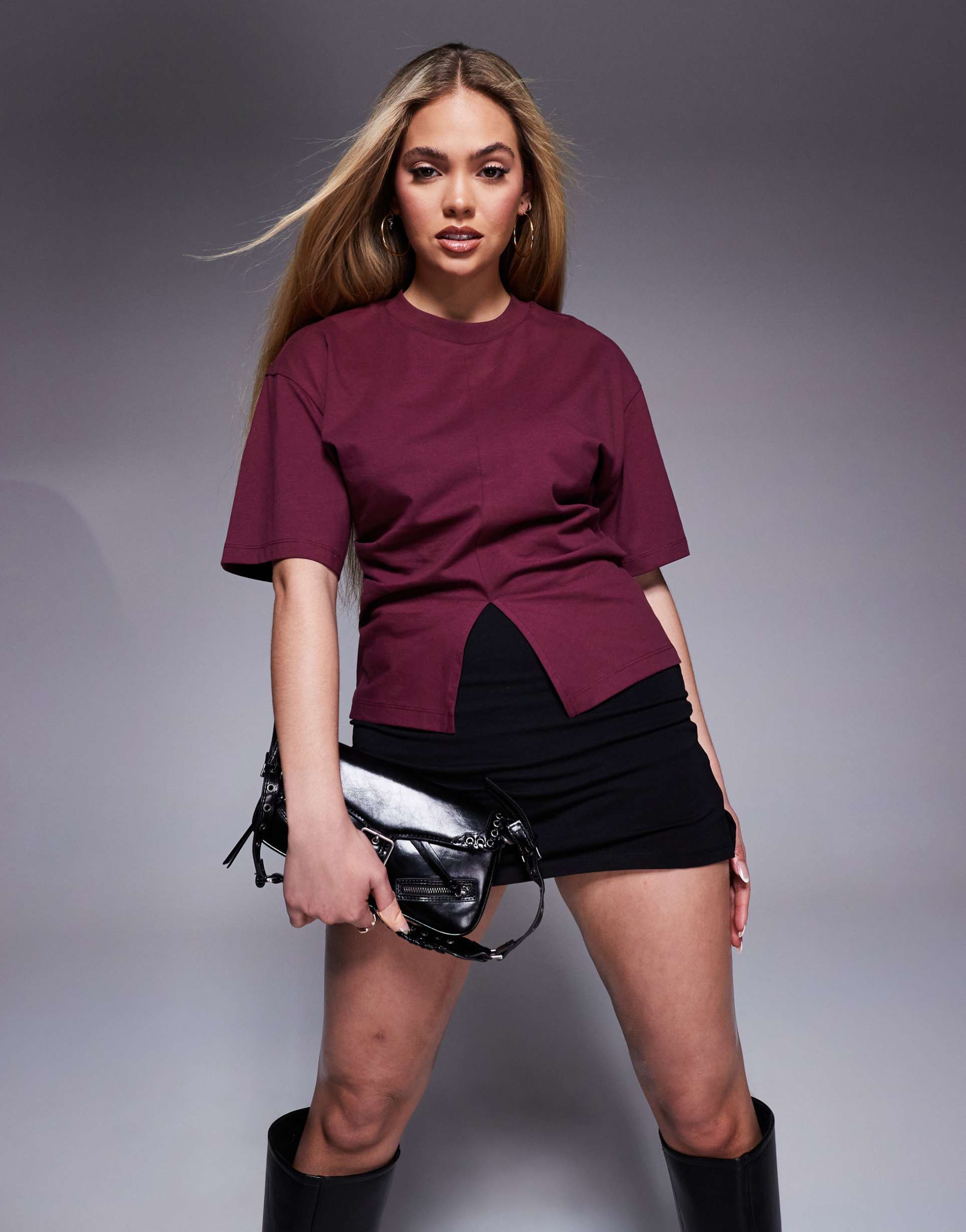 asos design corset t-shirt with split front in burgundy