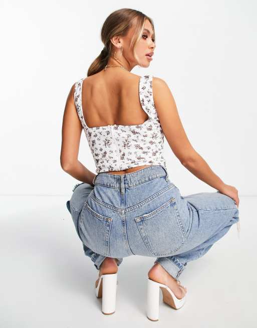 ASOS DESIGN corset top in brown ditsy in scuba-style fabric, 4 of 4