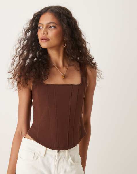 ASOS DESIGN corset top with boning in brown - view 1