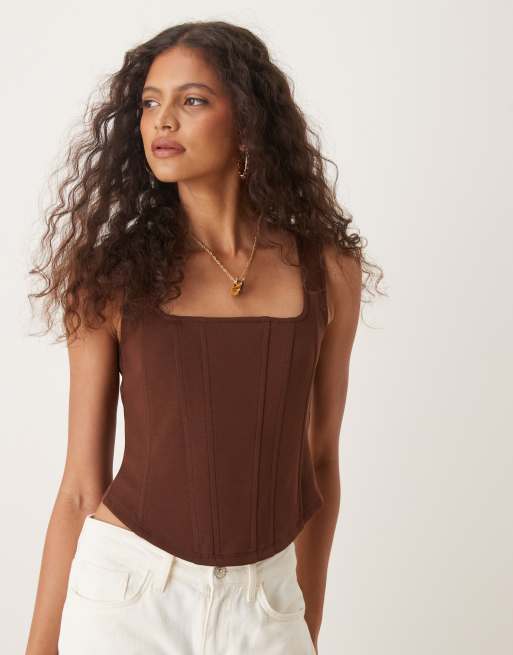 ASOS DESIGN corset top with boning in brown