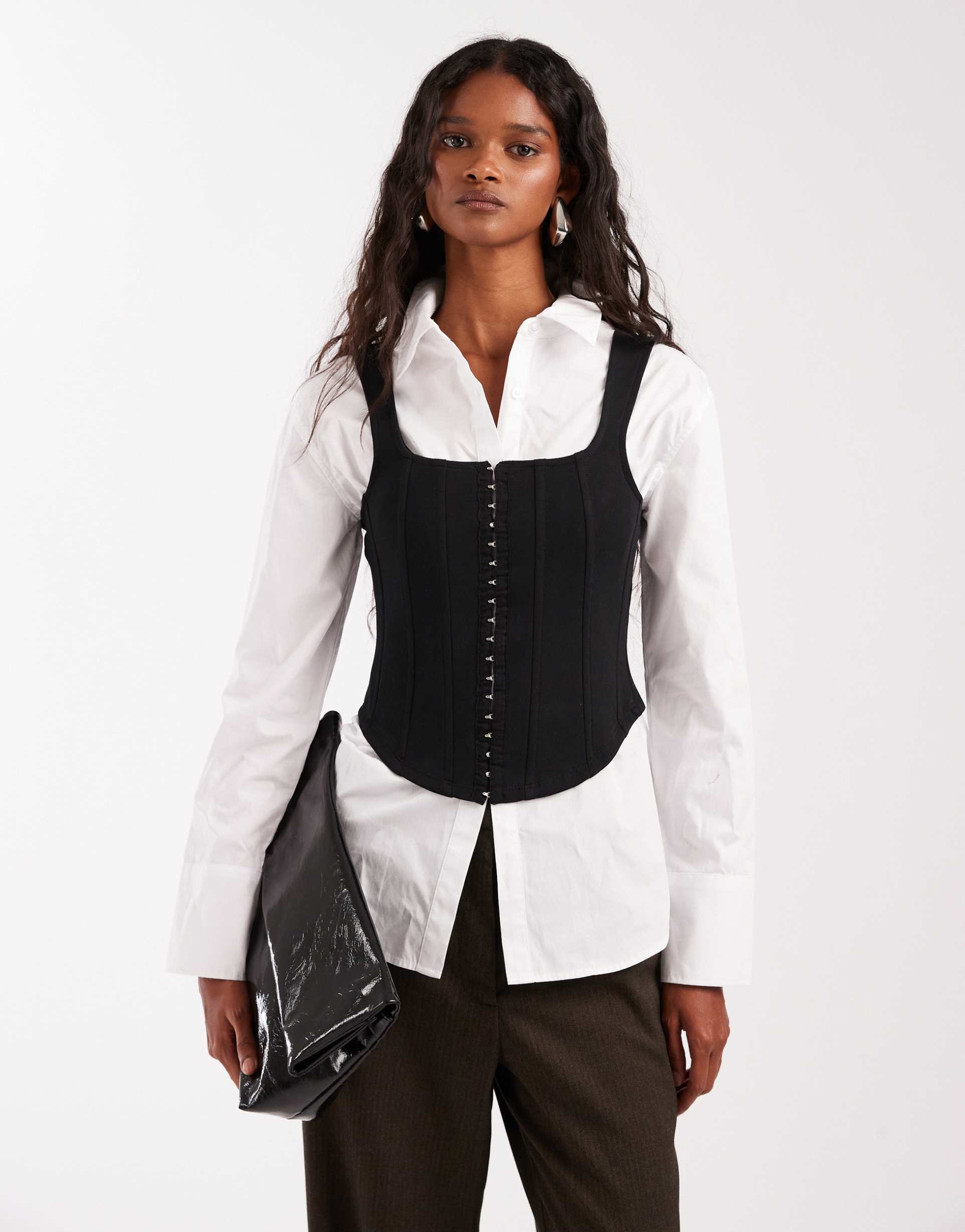 asos design corset top with eyelet front in black