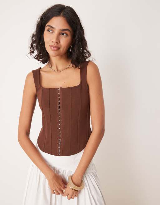 ASOS DESIGN corset top with eyelet front in brown