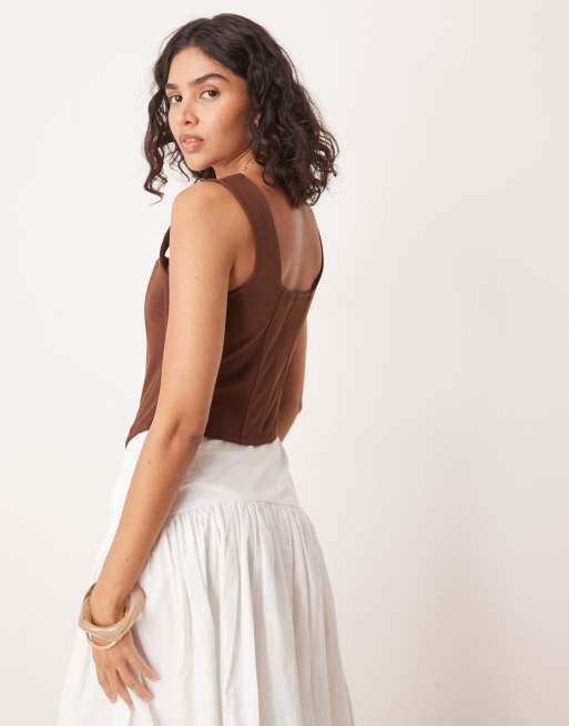 ASOS DESIGN corset top with eyelet front in chocolate, 3 of 4