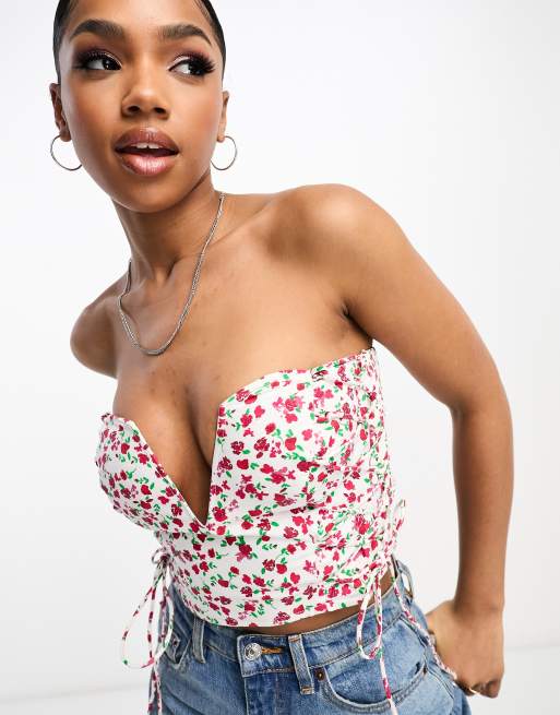 ASOS DESIGN strapless ruched corset top with plunge v in floral