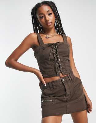 Asos Design Corset Top With Patch Pocket Details - Part Of A Set-brown