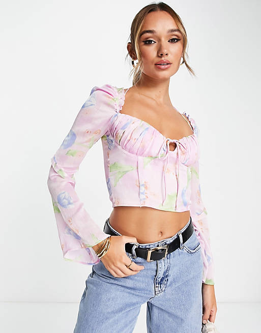ASOS DESIGN corset top with ruffle shoulder in pink occasion floral ...