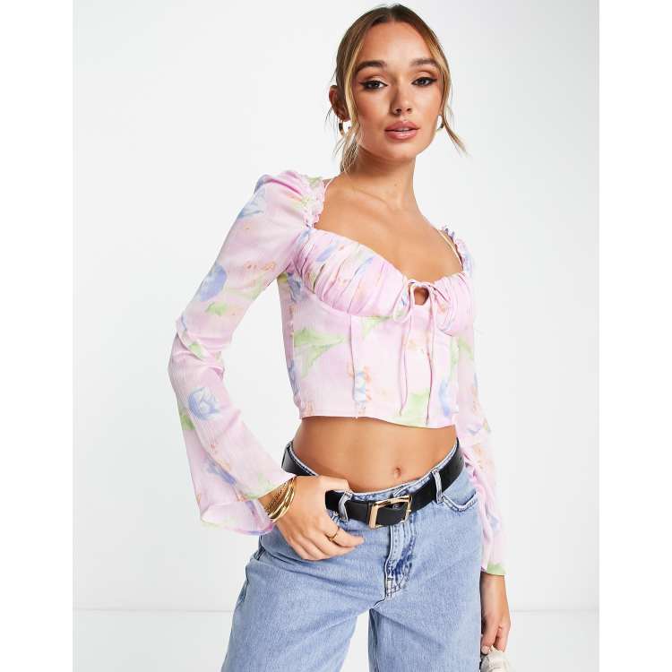 ASOS DESIGN corset top with ruffle shoulder in pink occasion