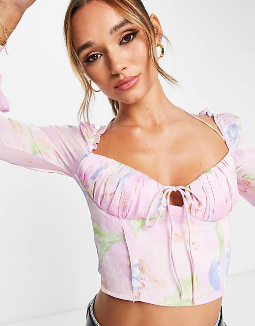 ASOS DESIGN corset top with ruffle shoulder in pink occasion floral print