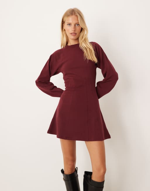 ASOS DESIGN corset waist cotton sweat mini dress in burgundy - PURPLE