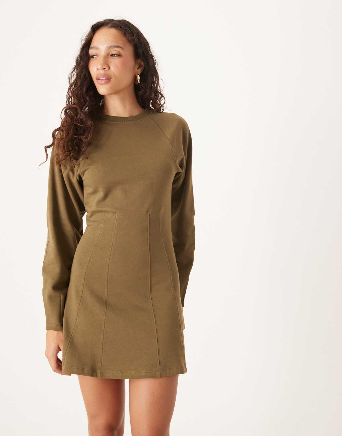 ASOS DESIGN corset waist cotton sweat mini dress in olive - MGREEN