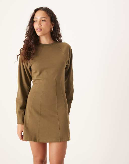 ASOS DESIGN corset waist cotton sweat mini dress in olive - MGREEN