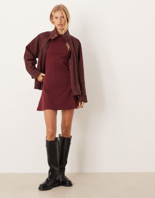 ASOS DESIGN corset waist cotton sweatshirt mini dress in burgundy
