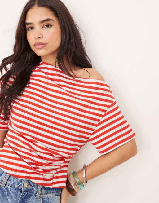 ASOS DESIGN corset waist detail tee in textured red and gray stripe