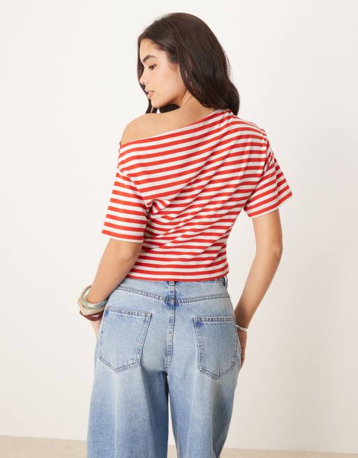 ASOS DESIGN corset waist detail tee in textured red and gray stripe