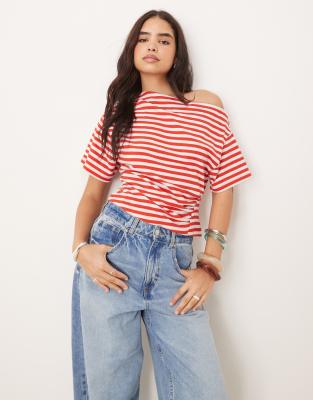 ASOS DESIGN corset waist detail tee in textured red and grey stripe