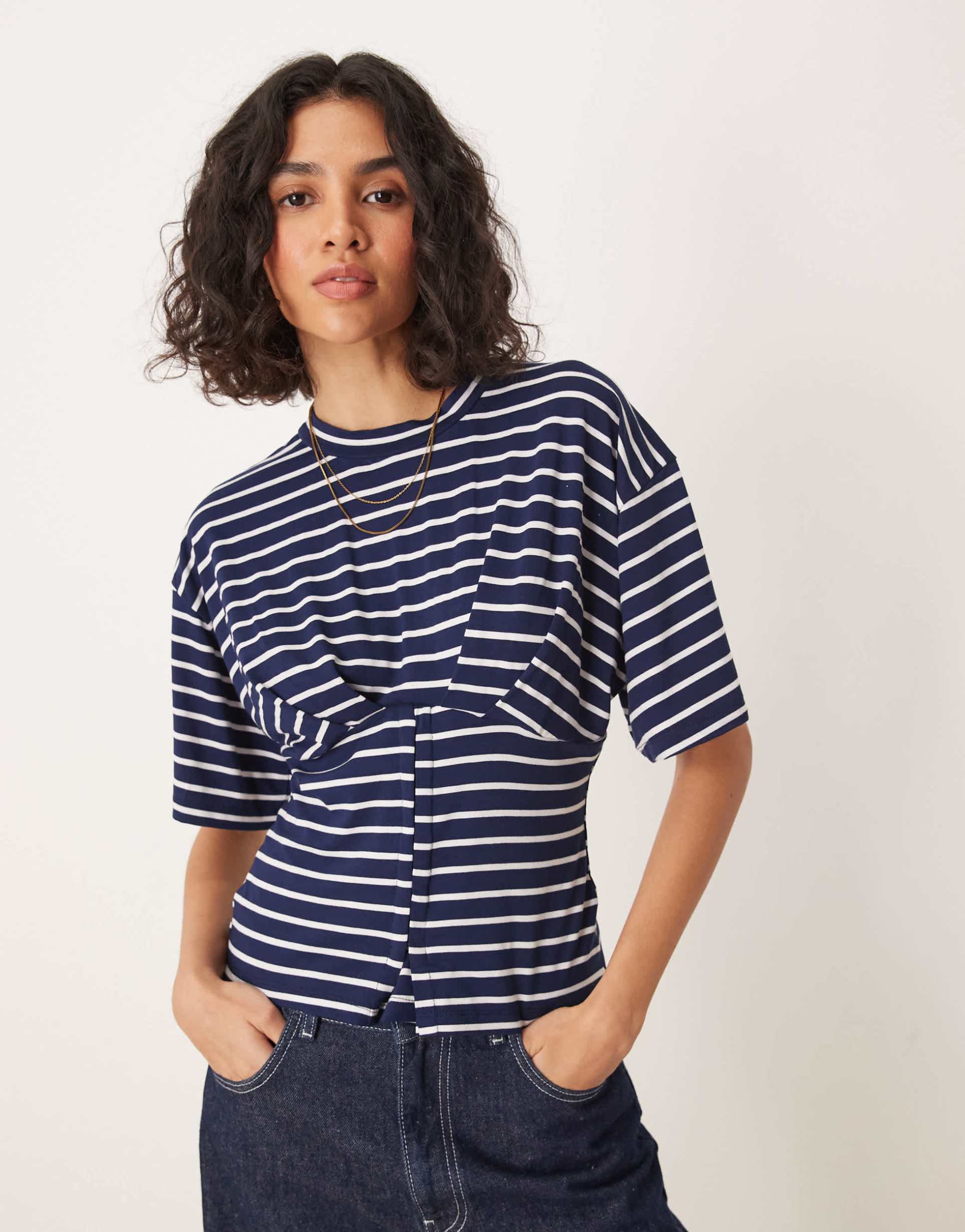 asos design corset waist hook and eye t-shirt in navy stripe