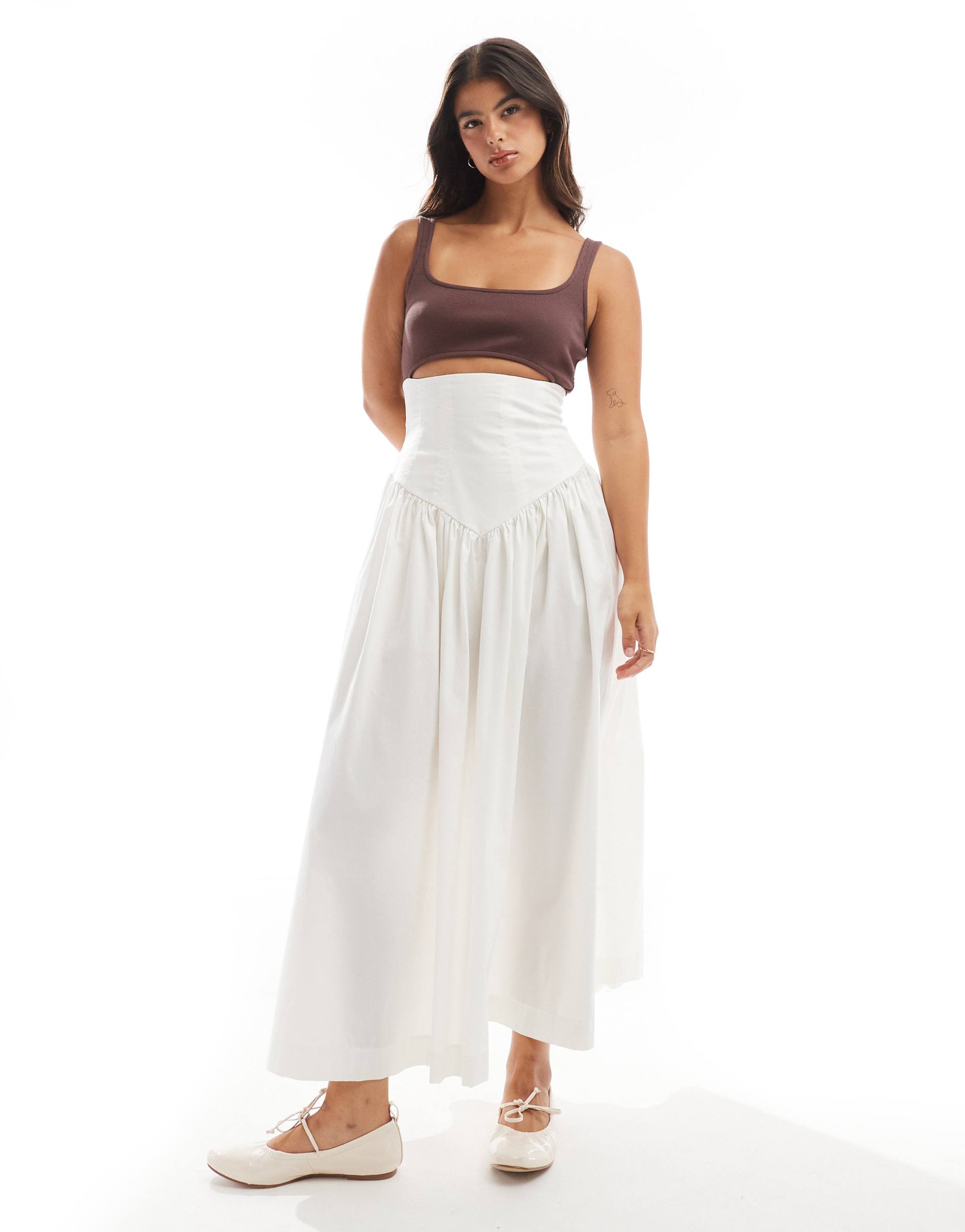 asos design corset waist jersey bodice midi dress in cream and chocolate