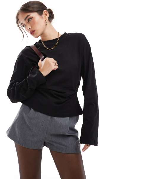 ASOS DESIGN corset waist long sleeve tee in black - view 1