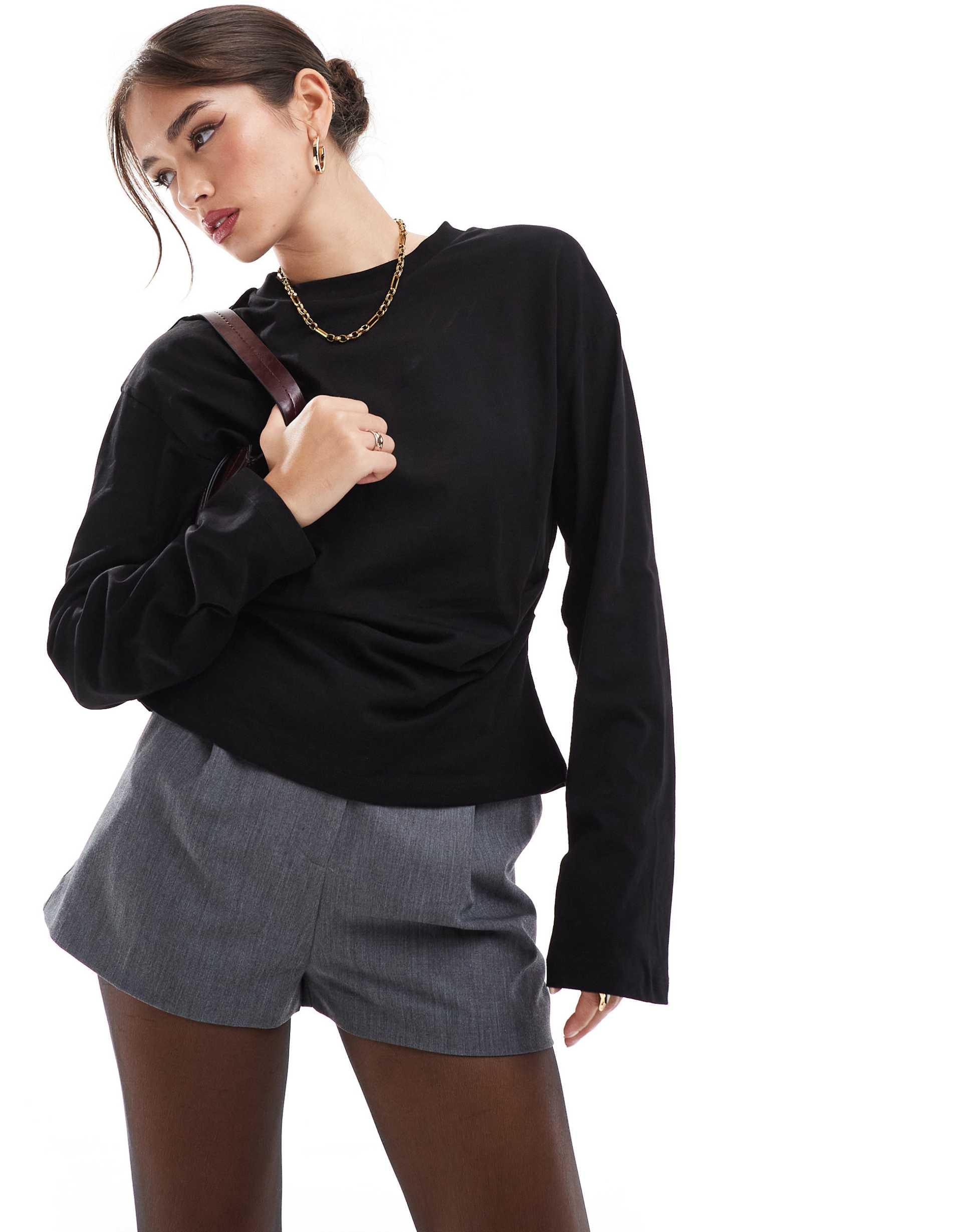 asos design corset waist long sleeve tee in black