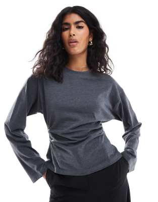 corset waist long sleeve tee in charcoal-Gray